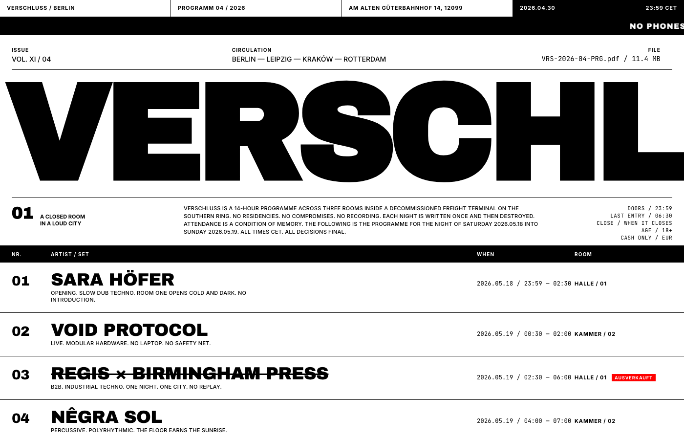 Preview: VERSCHLUSS — Berlin techno club programme Vol. XI/04