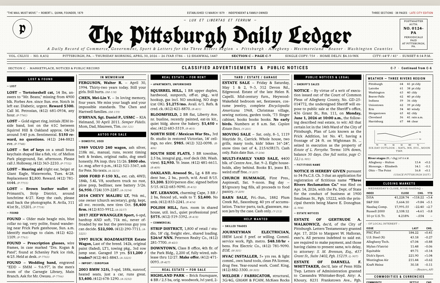 Preview: The Pittsburgh Daily Ledger Section C-7 classifieds and public record