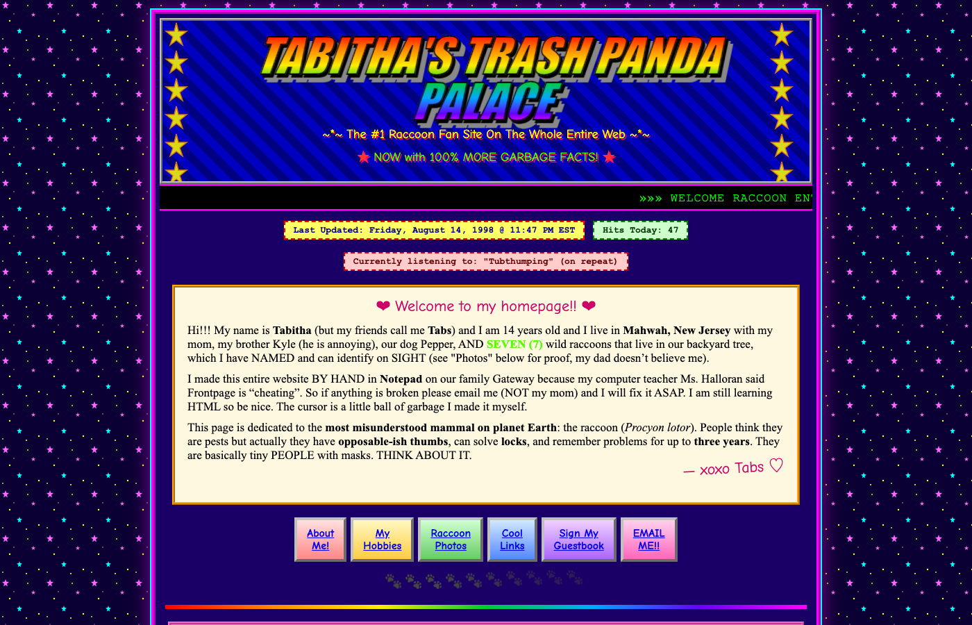 Preview: Trash Panda Palace — Tabitha M.'s 1998 raccoon fan page
