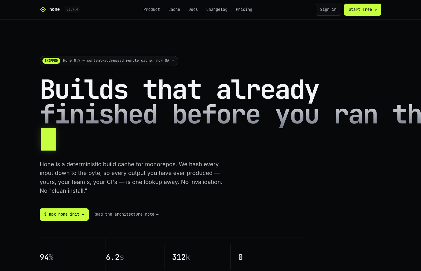 Preview: Hone — monorepo build cache, acid-lime on black