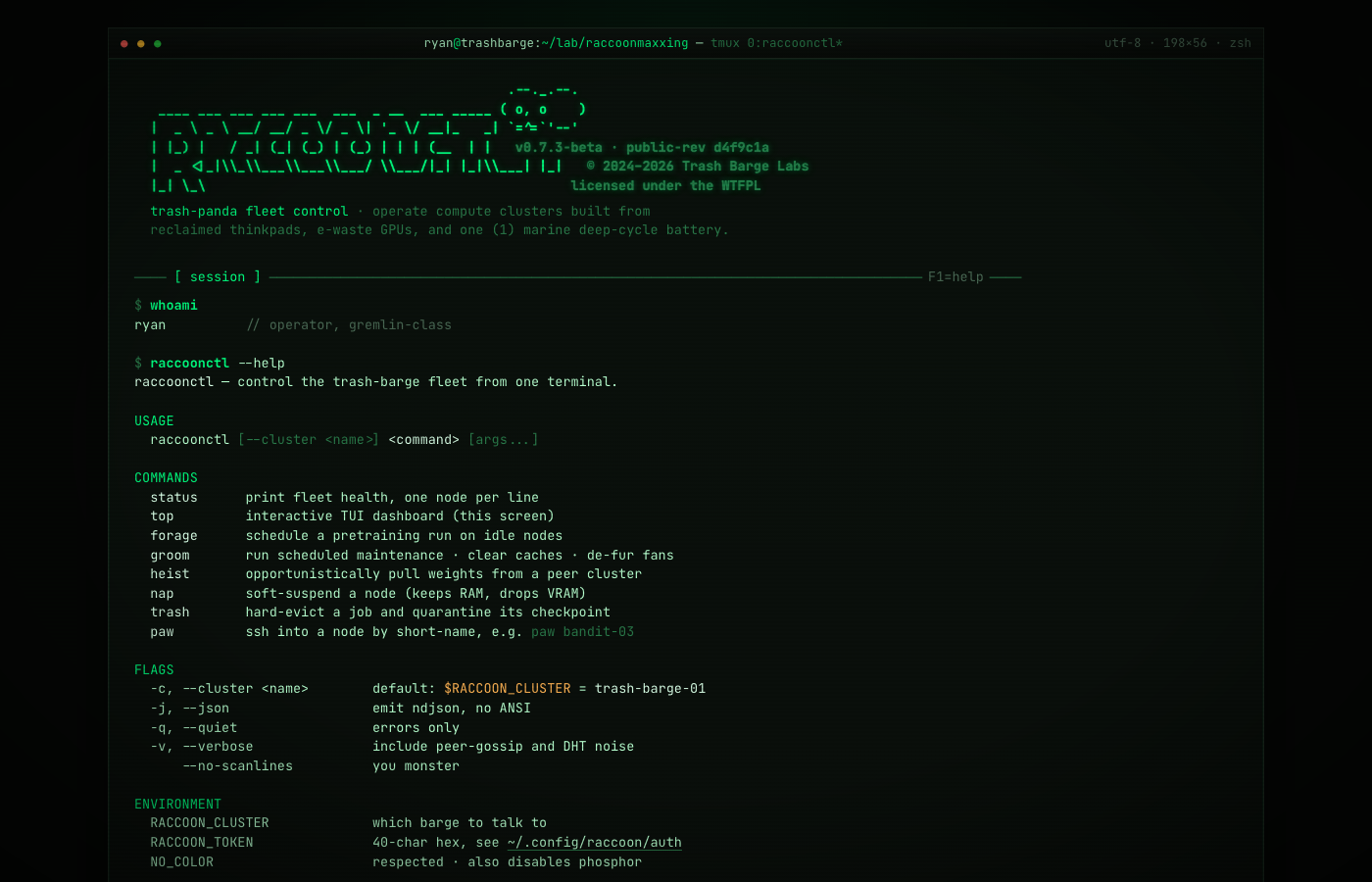 Preview: raccoonctl — Trash Barge Labs TUI fleet monitor